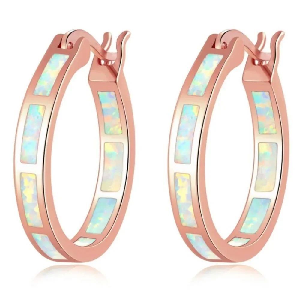 14K Rose Gold with Genuine White Fire Opal Round Latch Back Hoop Earrings